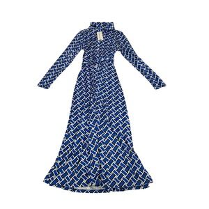 Glamaker Blue Geometric Print Long Sleeve Maxi Shirt Dress Small NEW